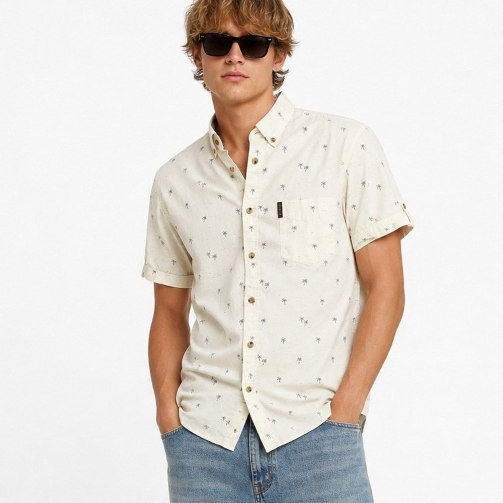 Ben Sherman Mens Palm Tree Print Short Sleeve Button Down Shirt Cream | Size M